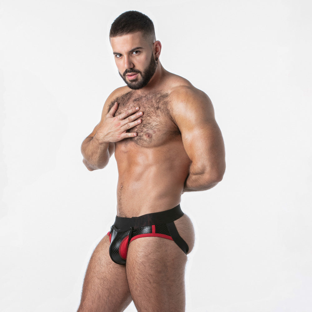 Jockstrap fetish negro y rojo con bolsa frontal · LK0126-0