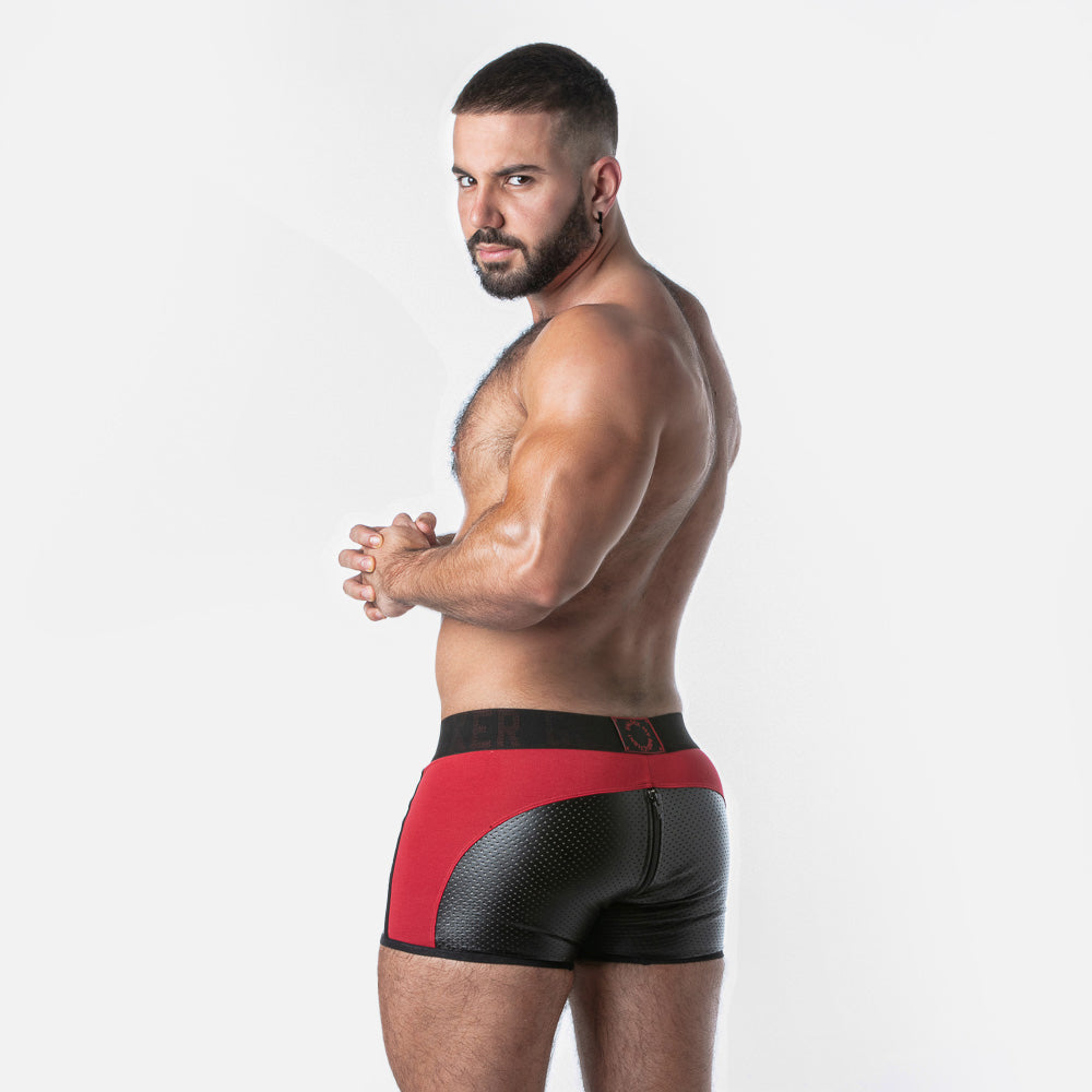 Boxer fetish negro y rojo con abertura trasera · LK0127-0