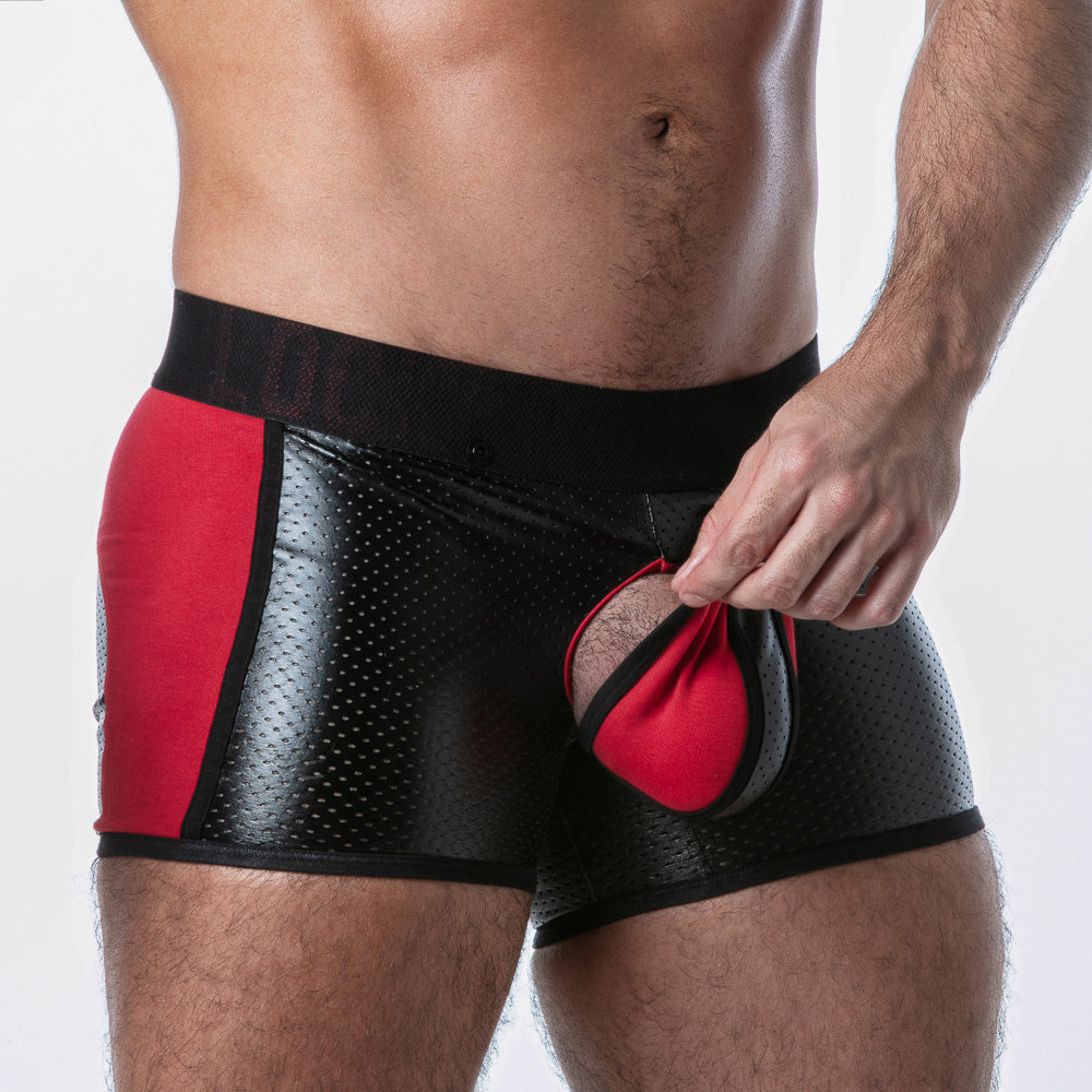 Boxer fetish negro y rojo con abertura trasera · LK0127-0