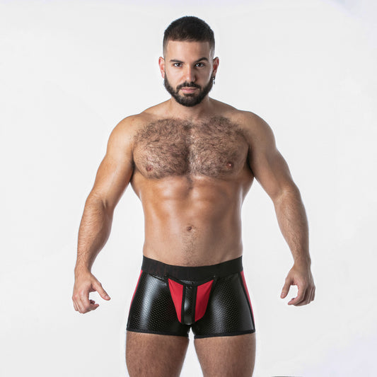 Boxer fetish negro y rojo con abertura trasera · LK0127-0