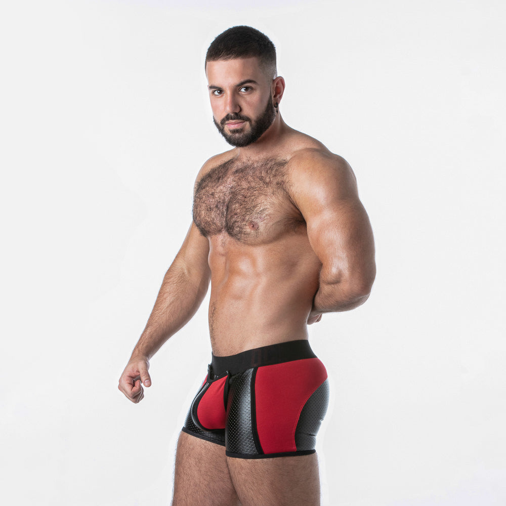 Boxer fetish negro y rojo con abertura trasera · LK0127-0
