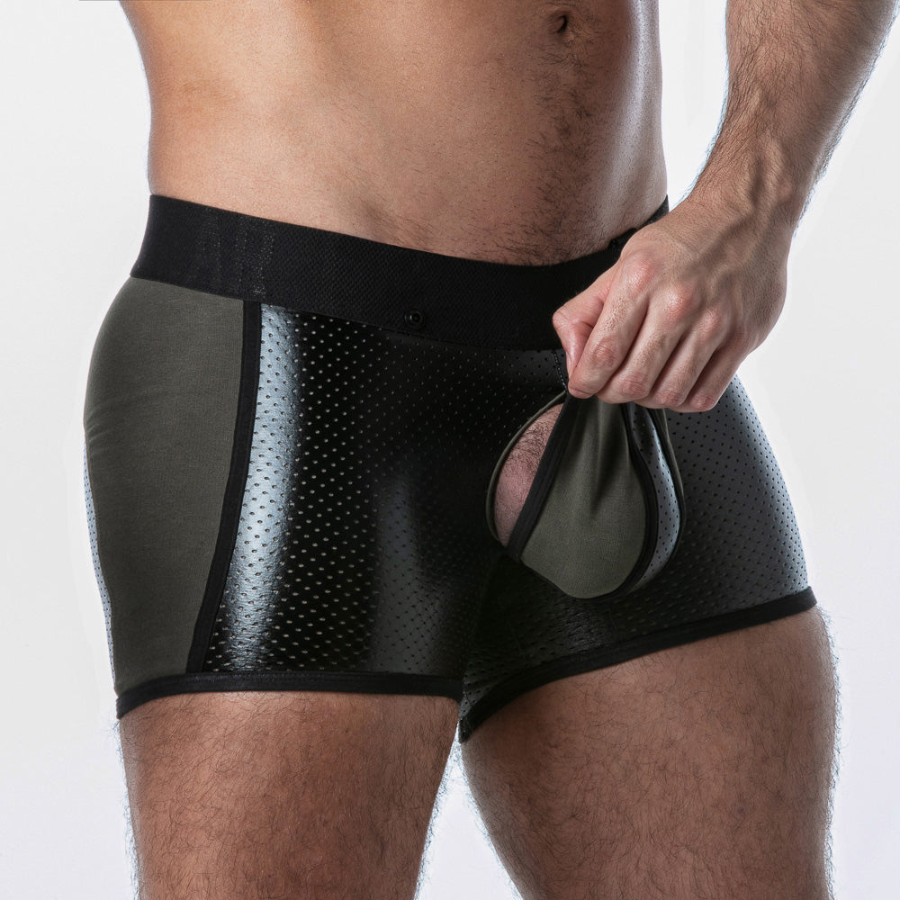 Boxer fetish negro y rojo con abertura trasera · LK0127-0