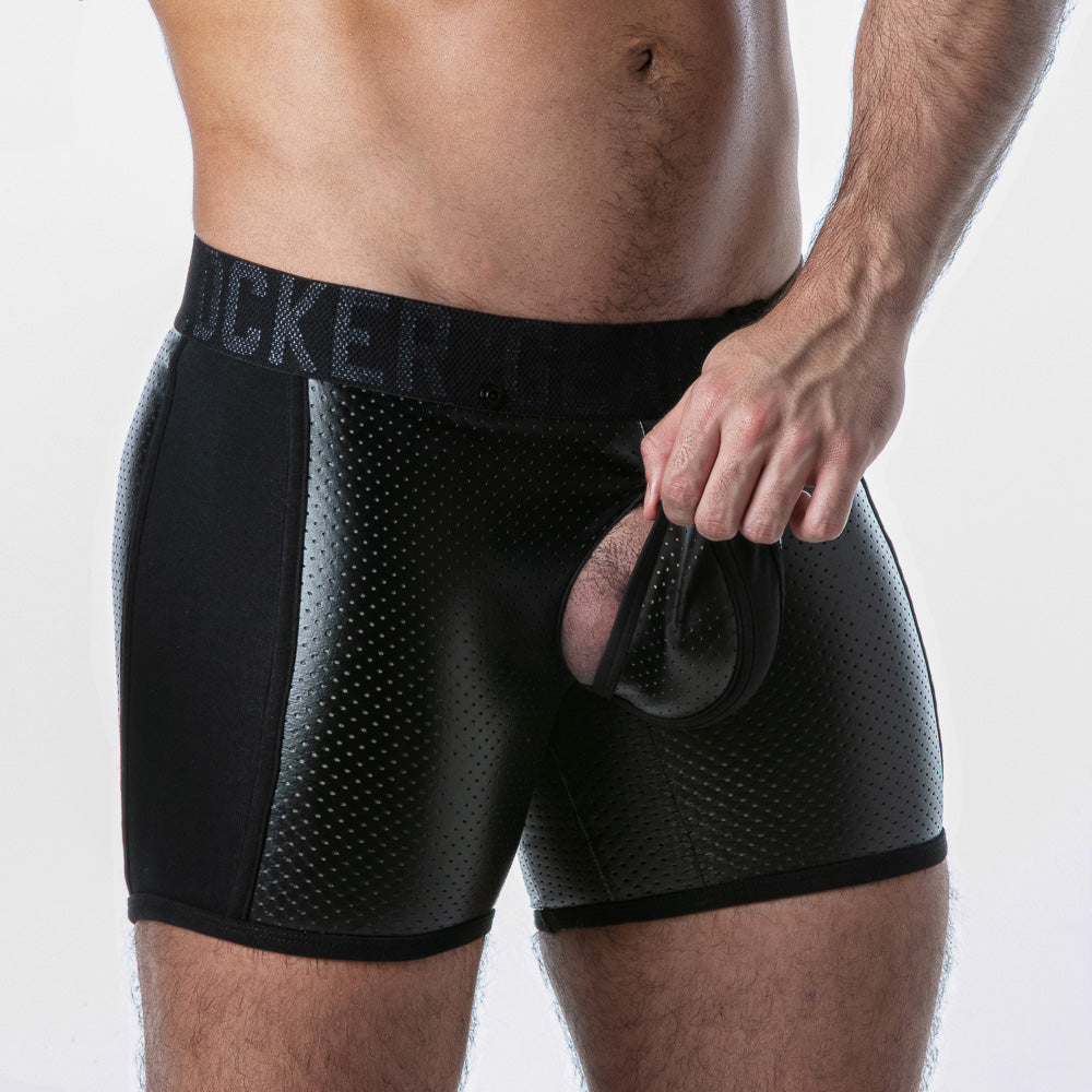 Boxer fetish negro con abertura frontal y trasera · LK0128-0