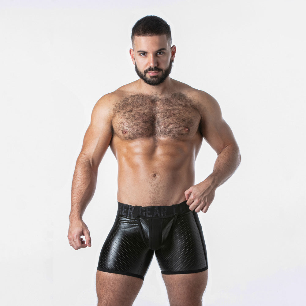 Boxer fetish negro con abertura frontal y trasera · LK0128-0
