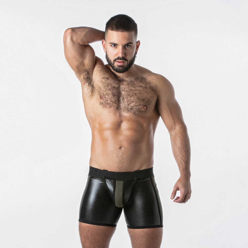 Boxer fetish negro con abertura frontal y trasera · LK0128-0