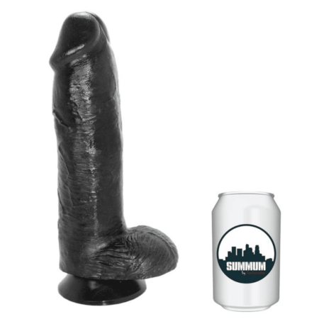 Dildo negro realista de 22 cm diseñado para la auténtica satisfacción masculina, con textura detallada.